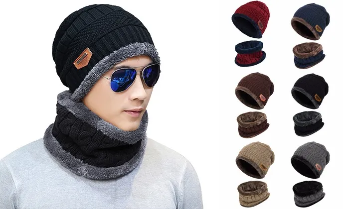 Moda ao ar livre Sólida 2 pcs Beanie Scarf Set Fleece Inverno Quente Balaclava Cachecol Chapéu Pescoço Das Mulheres Dos Homens