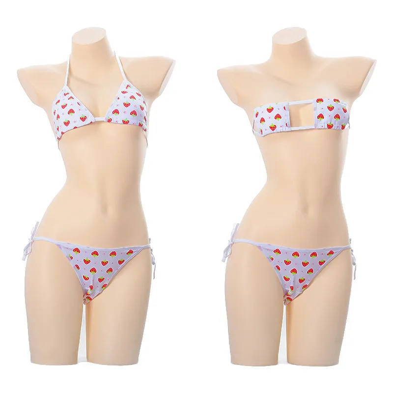 Lingerie japonaise Sexy, ensemble de sous-vêtements érotiques, Anime Cosplay, Mini Bikini Kawaii, soutien-gorge rayé bleu rose, pour femmes 299x