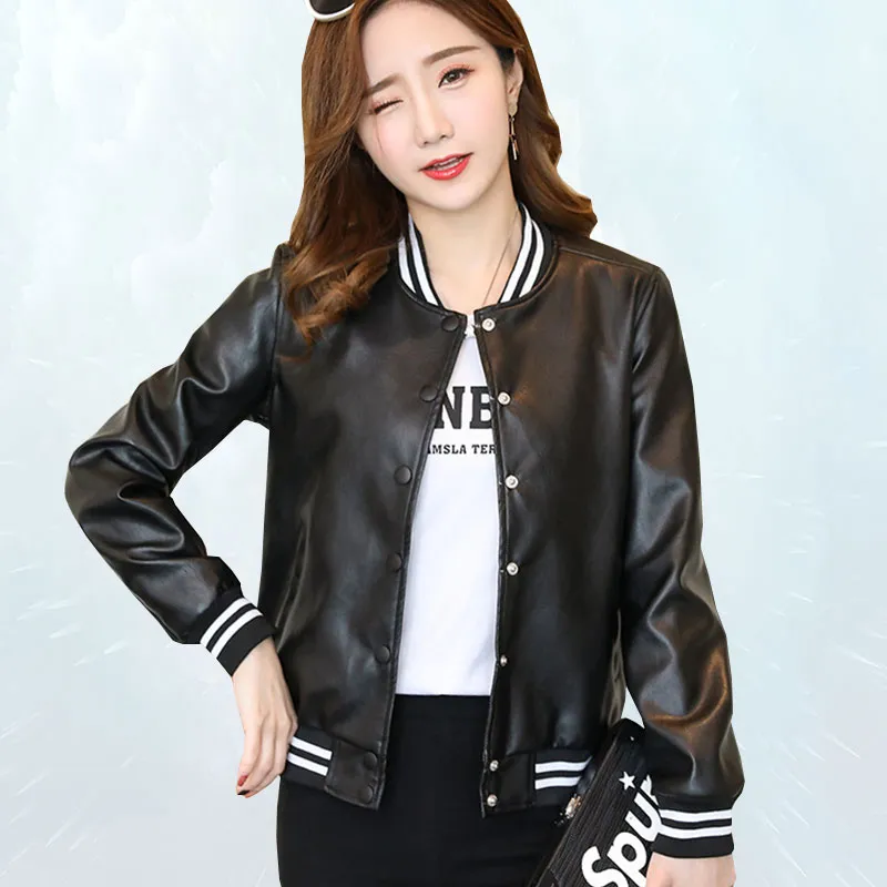 2019 frühling Herbst Jacke Frauen Mode Baseball Uniform Bomber PU Leder Jacke Dünne Beiläufige Grundlegende Weibliche Leder Outwear SL095