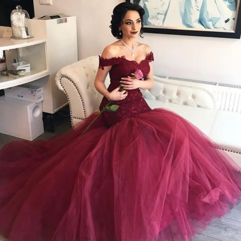 African Elegant Burgundy Mermaid Prom Dresses sweetheart 2020 Off Shoulder Sweep Train Lace Top Arabic Custom Made Formal Party Prom Gowns