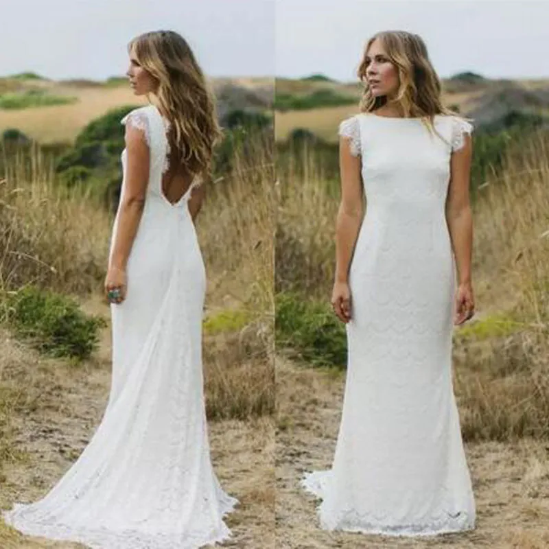 2019 Capped Shoulder Country Style Vintage Cheap Backless Boho Bohemian Imperial Lace Wedding Dress Open Back Bridal Gown