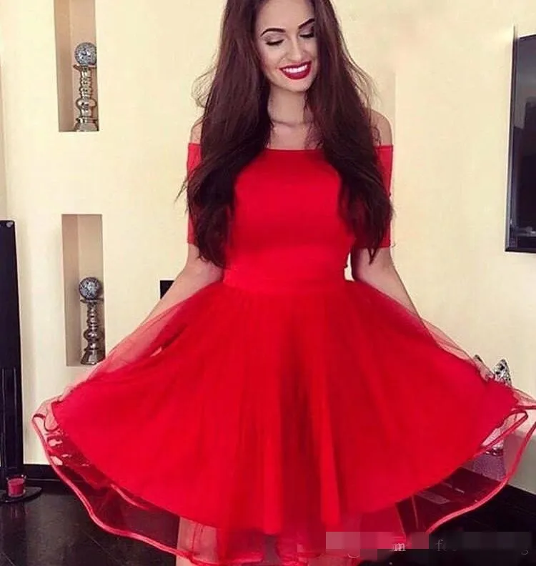 2019 Newest Red Homecoming Dresses Off the Shoulder Short Sleeves A Line Bubble Graduation Cocktail Party Formal Evening Wear Ball Gown