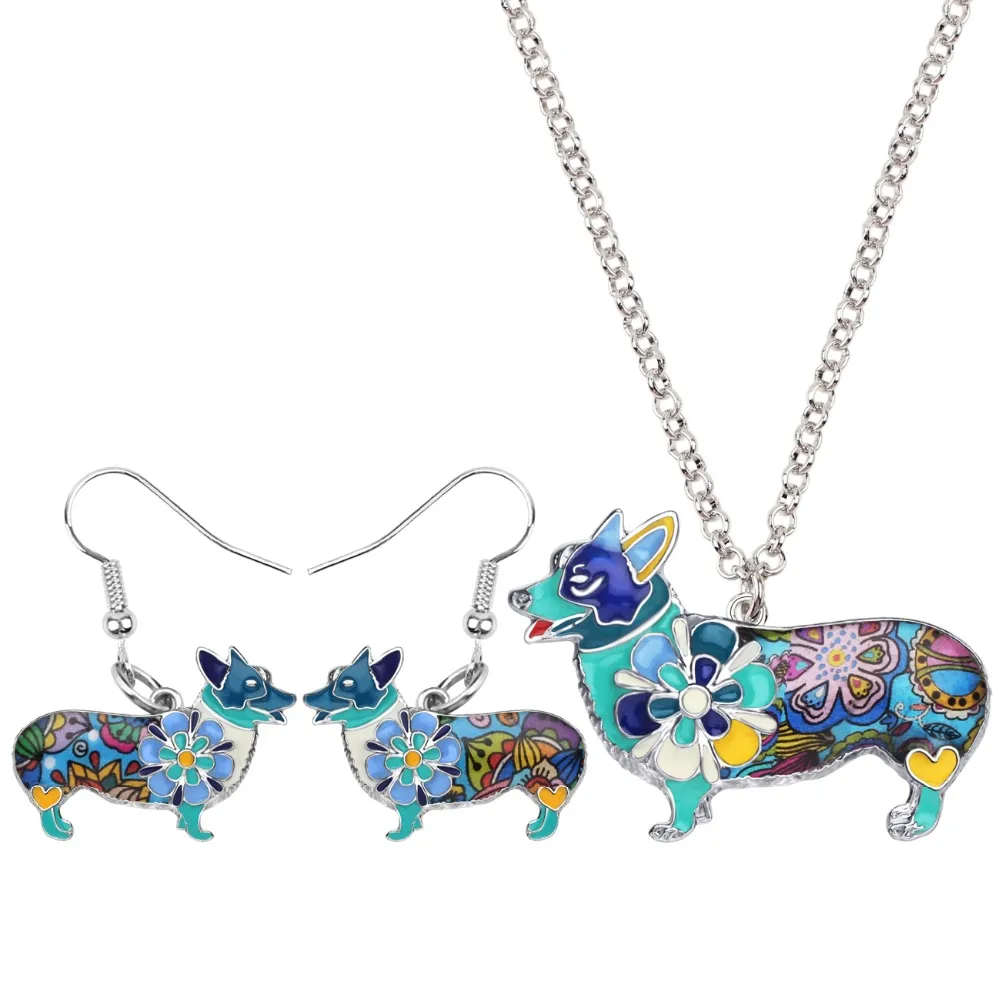 Bonsny Esmalte Liga Welsh Corgi Pembroke Dog Brincos Colar Collar Animal Bonito Conjuntos de Jóias Para As Mulheres Meninas Presente Dos Amantes Do Animal de Estimação