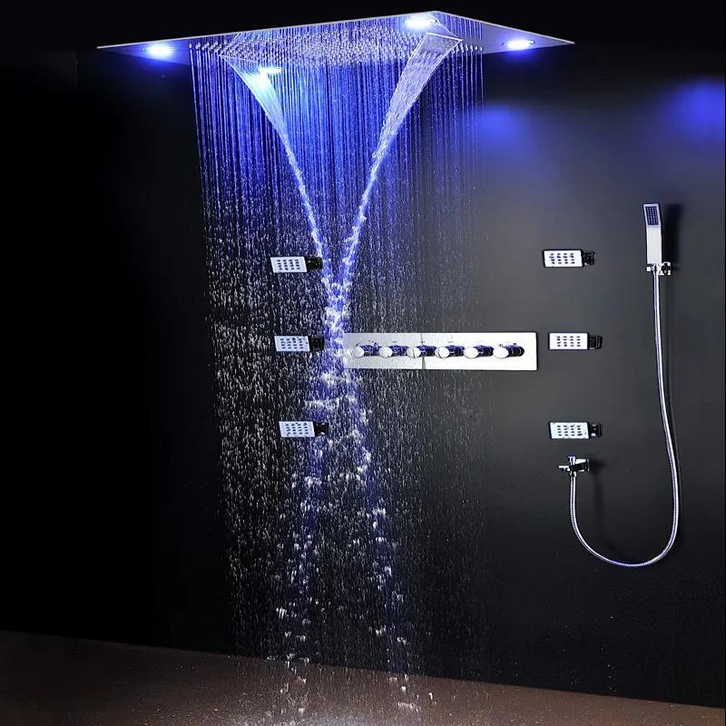 Badrum lyxig stor regnduschuppsättning LED duschhuvud vattenfall regndusch kit termostatiska kranar med massagekroppsstråle298j