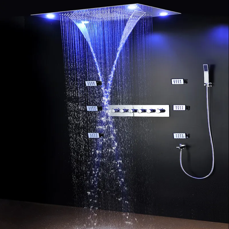 Juego de ducha de lluvia grande de lujo para baño, cabezal de ducha Led, Kit de ducha de lluvia en cascada, grifos termostáticos con chorros corporales de masaje