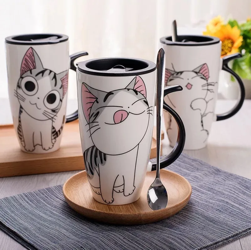 Novo 600ml criativo gato caneca de cerâmica com tampa e colher dos desenhos animados leite café xícara de chá canecas de porcelana presentes agradáveis273g