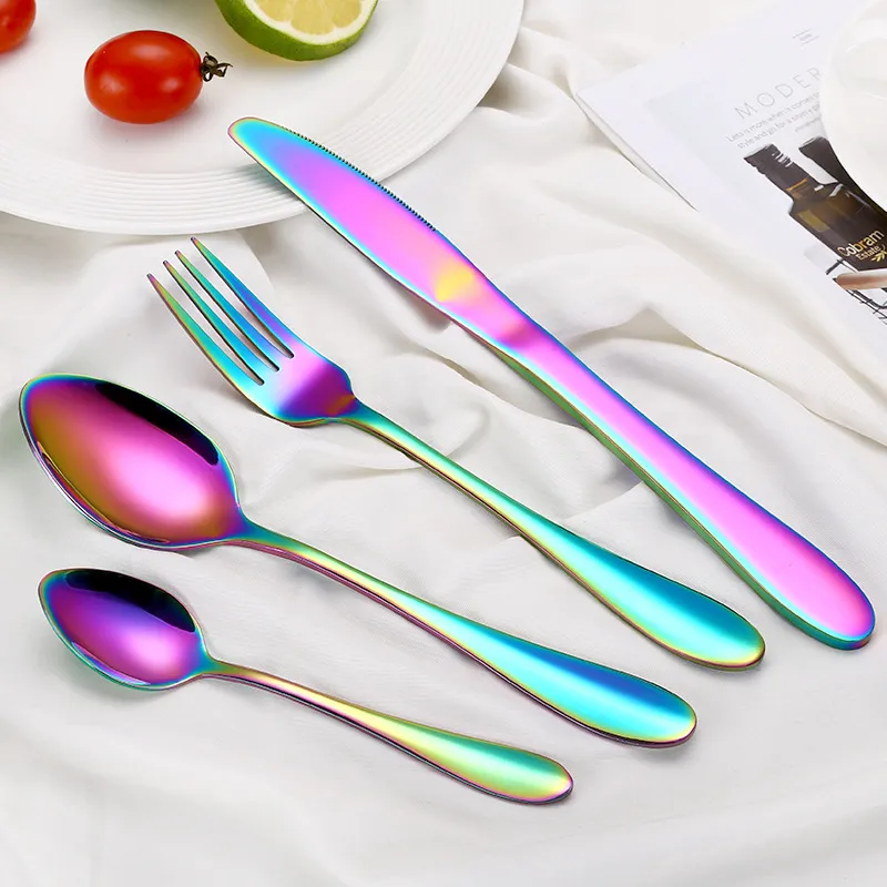 Multi-Colors Rainbow Set Set Servies Set Black Set Set Fork Mes Roestvrijstalen Silverware Home Servies Set