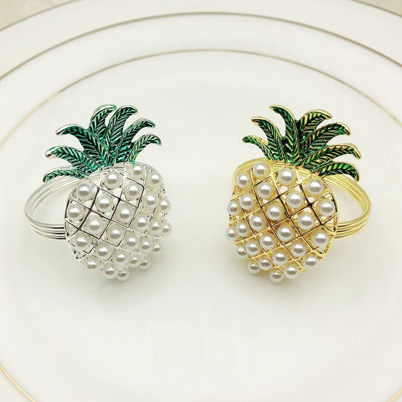 gold silver pineapple with pearls napkin ring wedding holiday decoration family candlelight dinner napkin holder 24 pcs