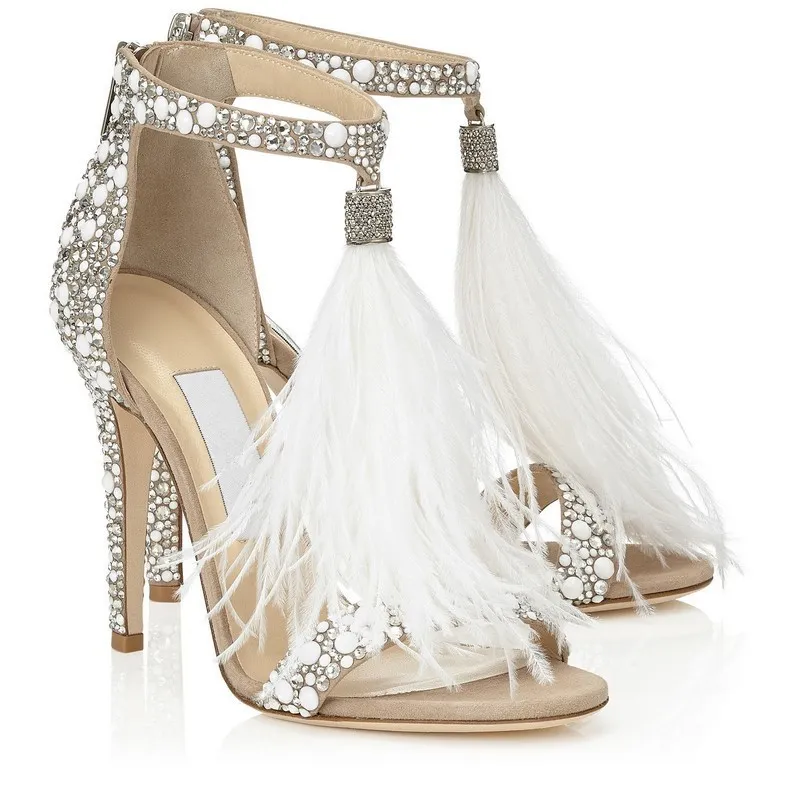 Hot Sale-Hot Crystal Embellished White Feather Fringed Rhinestone High Heels Sandaler Bröllop Bröllop Skor Kvinnor Ladies Stiletto Pumps