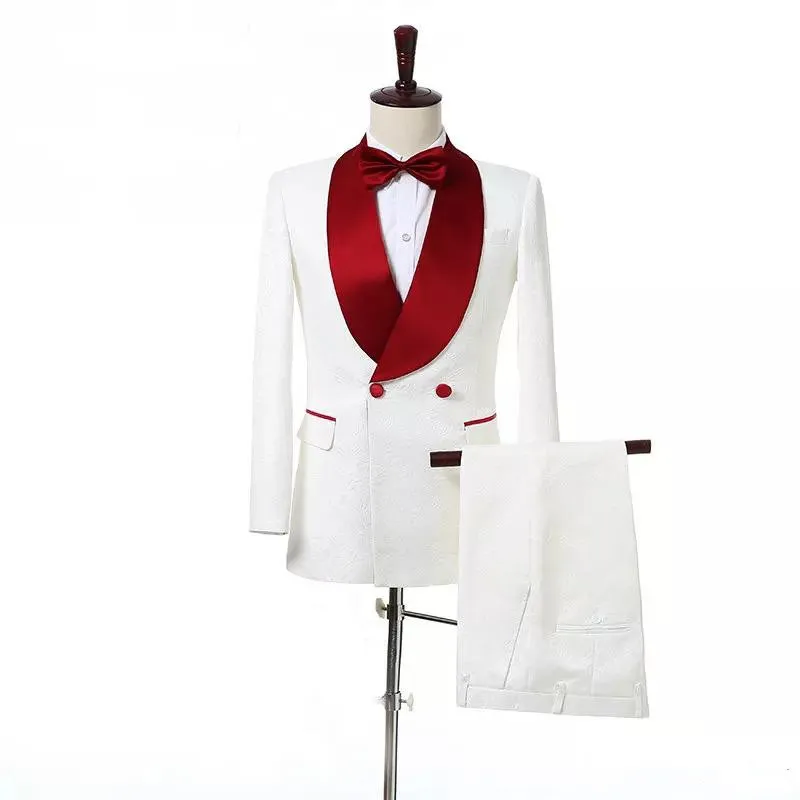 New Custom Slim Fit Abiti da uomo Smoking da sposa Sposo Prom Wear Scialle rosso Risvolto Best Man Blazer (giacca + pantaloni) 486