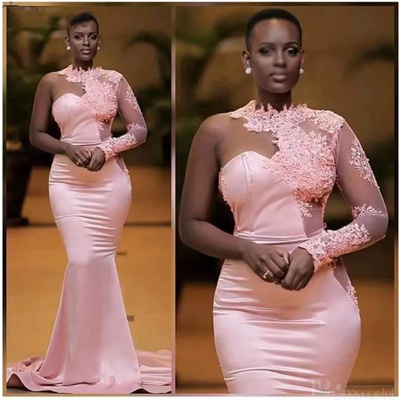 Light Pink One Shoulder Bridesmaid Dress South African Lace