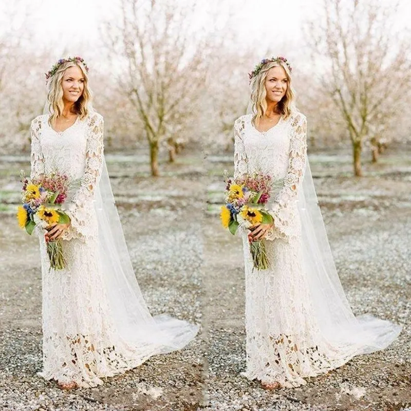 2019 nouvelle robe de mariée bohème en dentelle guipure avec manches petite une ligne balayage train ivoire pays style bohème robes de mariée