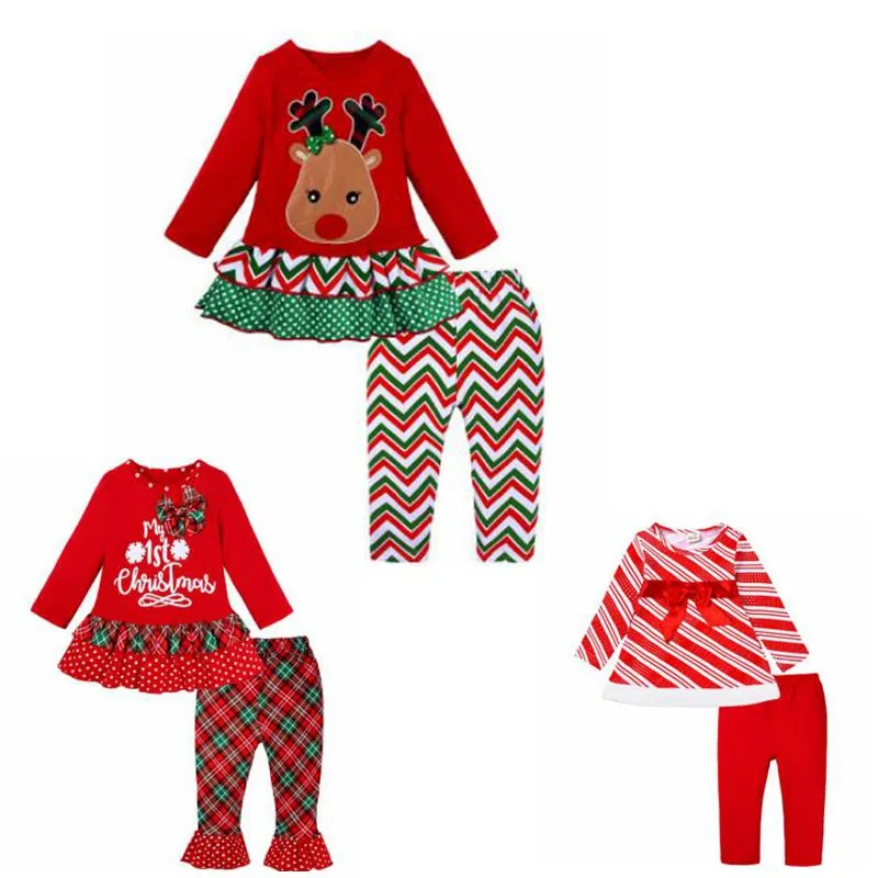 Abiti per bambina di Natale Abiti per bambina per bambina Top Pantaloni scozzesi 2 pezzi Set di vestiti per bambini di Natale Set Abbigliamento per bambini Festival 3 Design DW4799