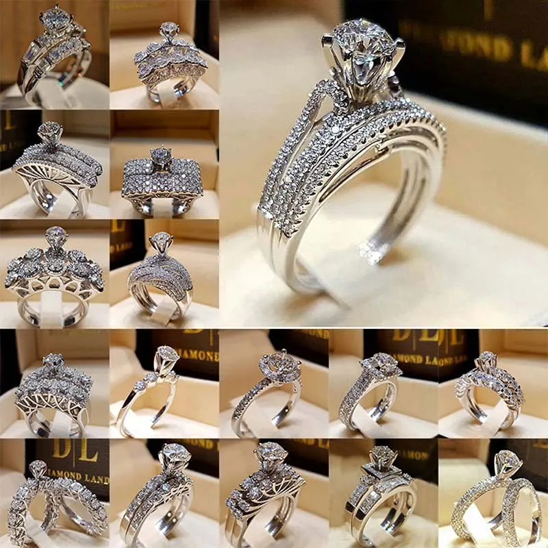 Crystal Diamond Ring Cubic Zirconia Crown Engagement Trouwringen Set Wrap Bruid Combinatie Band Mode-sieraden Will en Sandy Gift