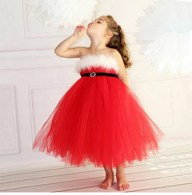 2-8 years baby girl christmas dress sequined sleeveless red mesh tutu skirts with feather prom party dresses for kids new year x`mas day