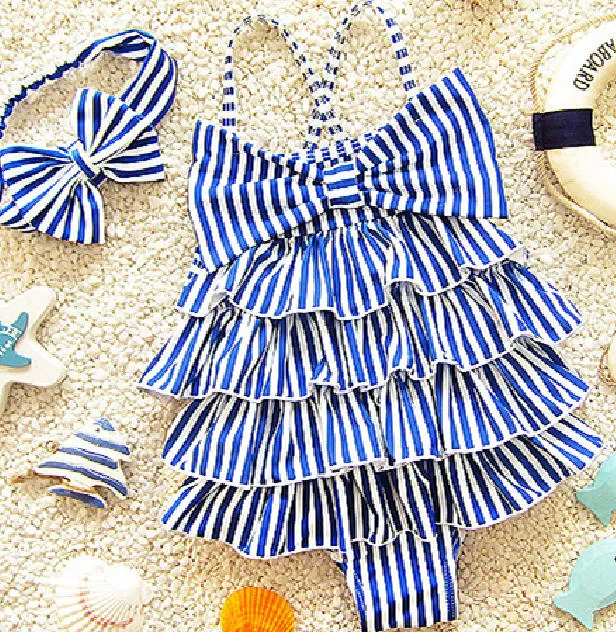Fato de banho infantil para meninas, bebê, praia, peça única, estilo marinho, maiô listrado azul, 2 a 9 anos, roupas de natação