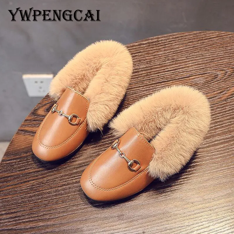 Winter Kids Loafers Warm Fur PU Leather Casual Shoes for Boys Girls Size 26 35