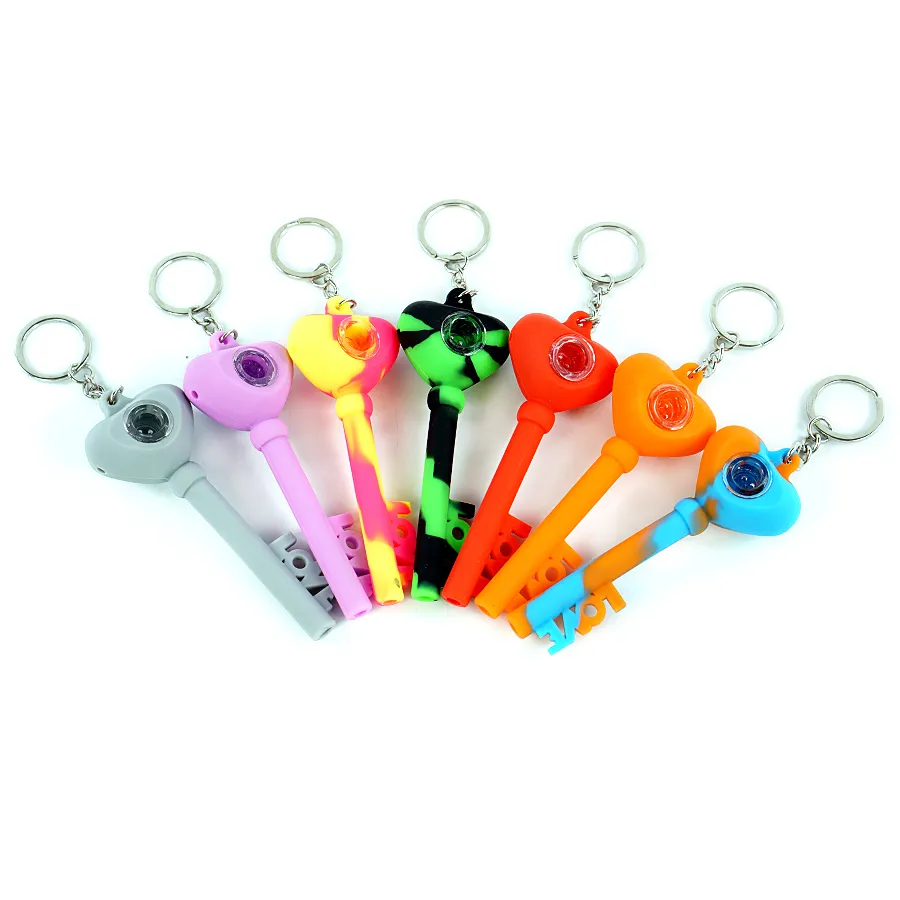 4,2 inch liefde sleutelhanger siliconen roken handbuizen glazen bongwaterbuizen glazen kom silicium bongs bedwelmende mini pijp wasolie olierigs kruid hooka