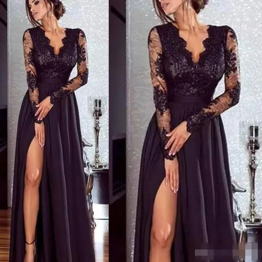 2019 lange mouwen zwarte prom jurken sexy kant hoge spleet split diep v nek chiffon vloer lengte plus size op maat gemaakte avond feestjurk