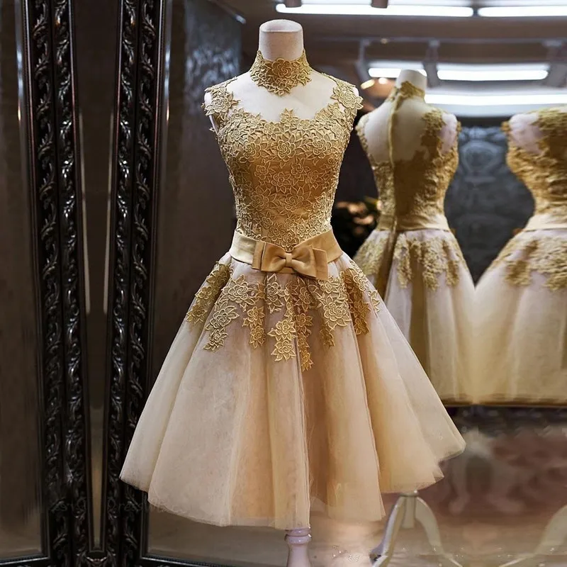 Elegancka złota koronkowa suknia wieczorowa krótka sukienka formalna niestandardowa impreza sukienki szybka dostawa