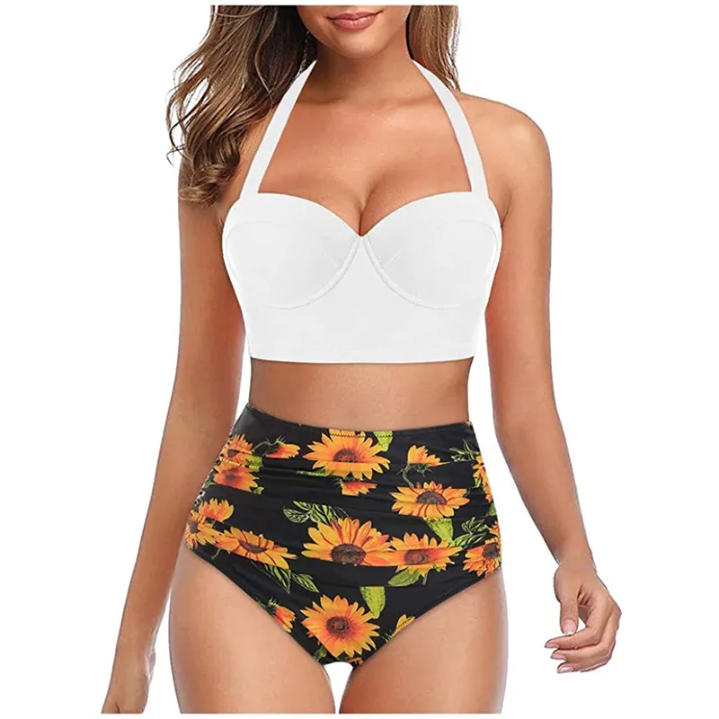 Costumi da bagno donna a vita alta girasole Bikini Set costume da bagno a due pezzi Costume da bagno donna Biquini Costumi da bagno Abbigliamento da spiaggia Tankini