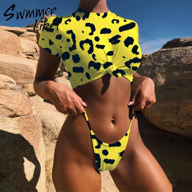 Knot Crop Top Bikini 2019 Leopard Swimwear Women Bathers Yellow Push Up Swimsuit Female T-shirt Thong Bikini Sexy Bathing Suit S19709