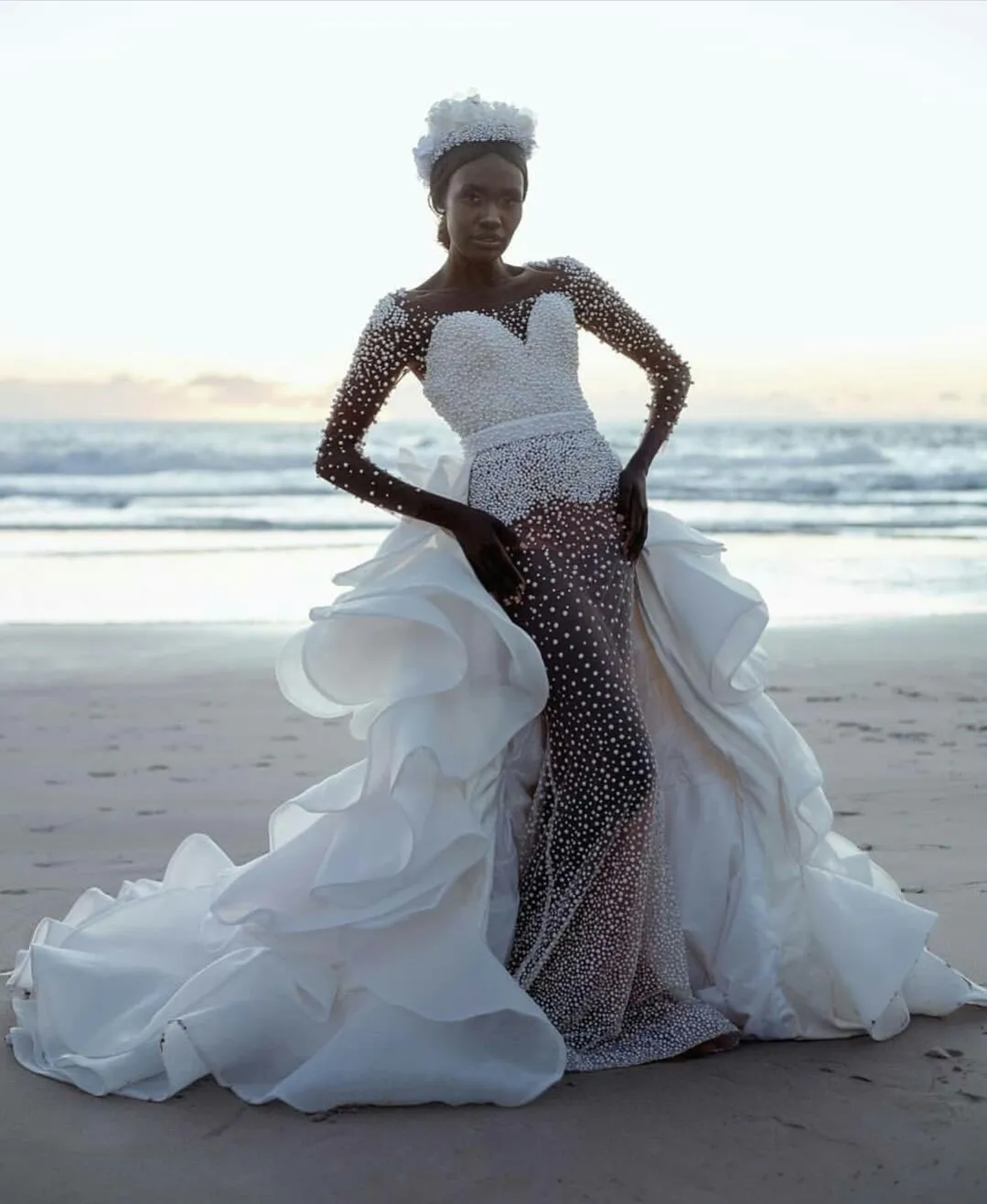 beaded wedding dress with overskirt Beaded Dress with Plunging Neckline and Overskirt 38860