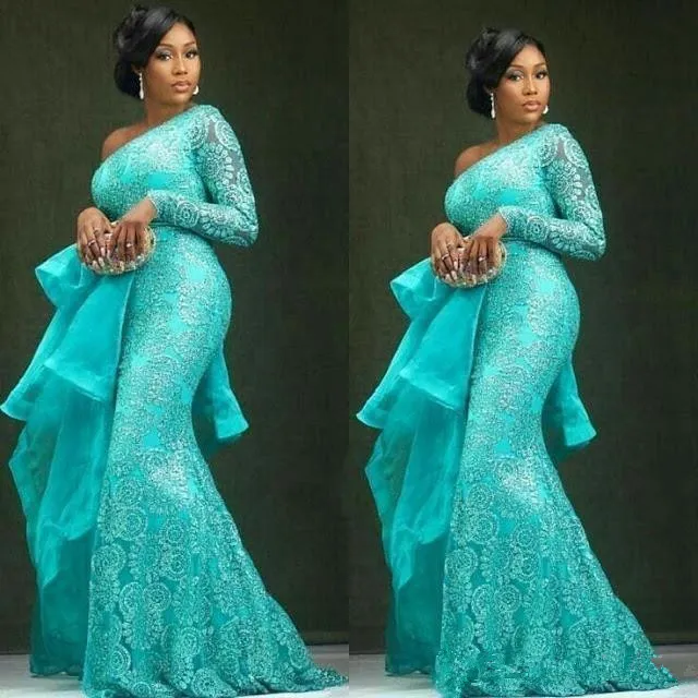 Aso ebi زائد حجم فساتين السهرة peplum واحد الكتف حورية البحر الدانتيل حفلة موسيقية فساتين الأفريقي دبي حزب الرسمي العباءات vestidos دي فييستا