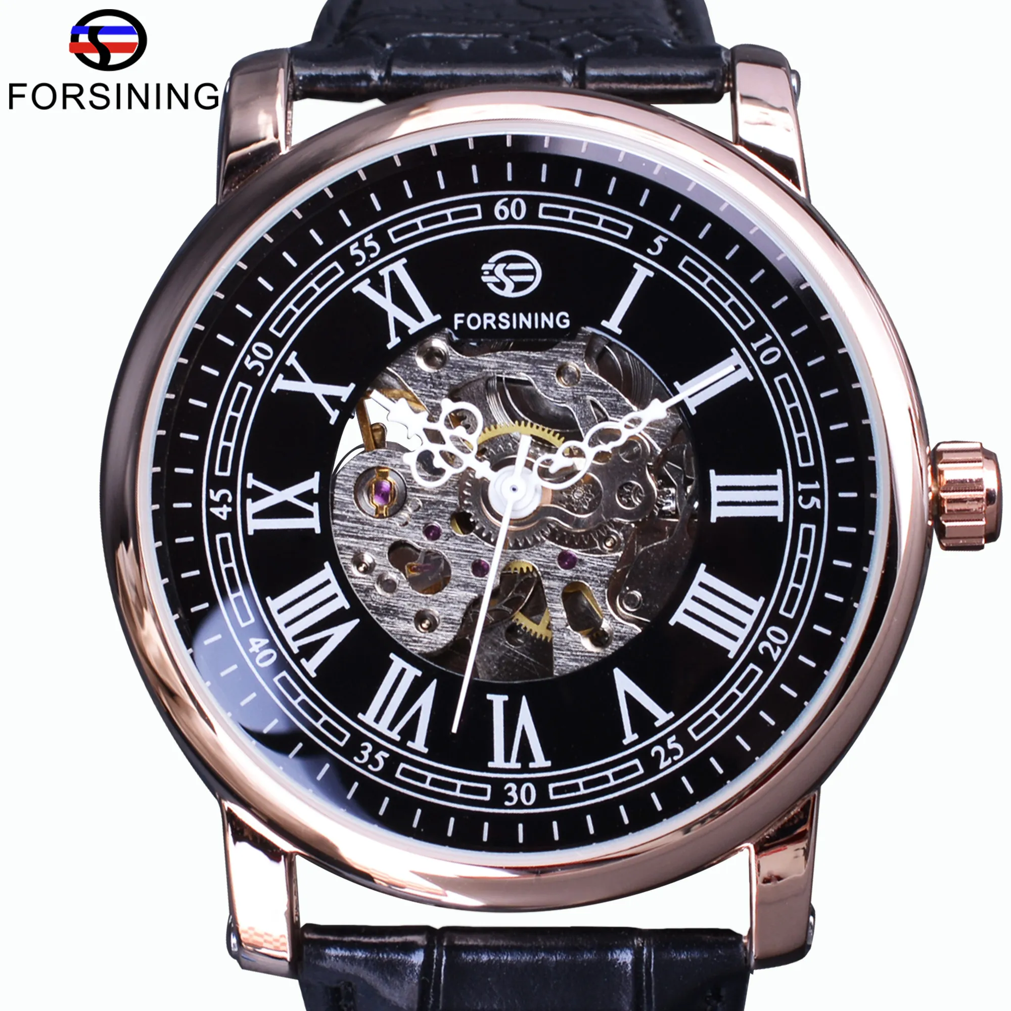 Forsining Retro Series Watch R￶misches Skelett Display schwarzes Zifferblatt mechanische Uhr Ros￩goldene H￼lle Automatische Uhr Top Marke Luxus