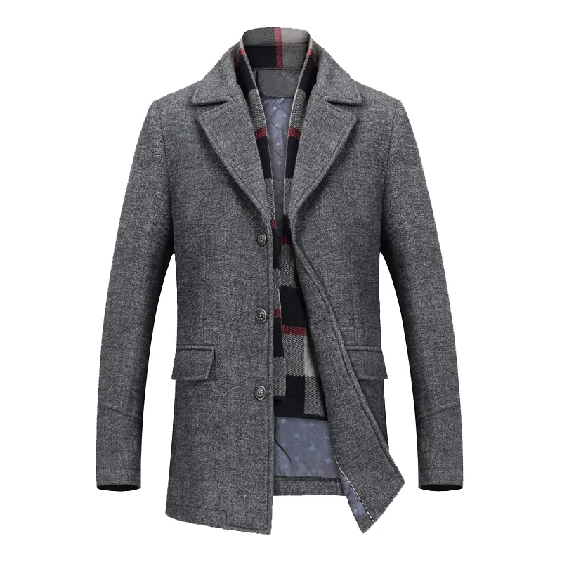 Wool Coat for Men's Winter Coats Thick Cotton Wool Jackets Male Casual Fashion Slim Fit Long Jacket Scarf Men Outwear Plus Size