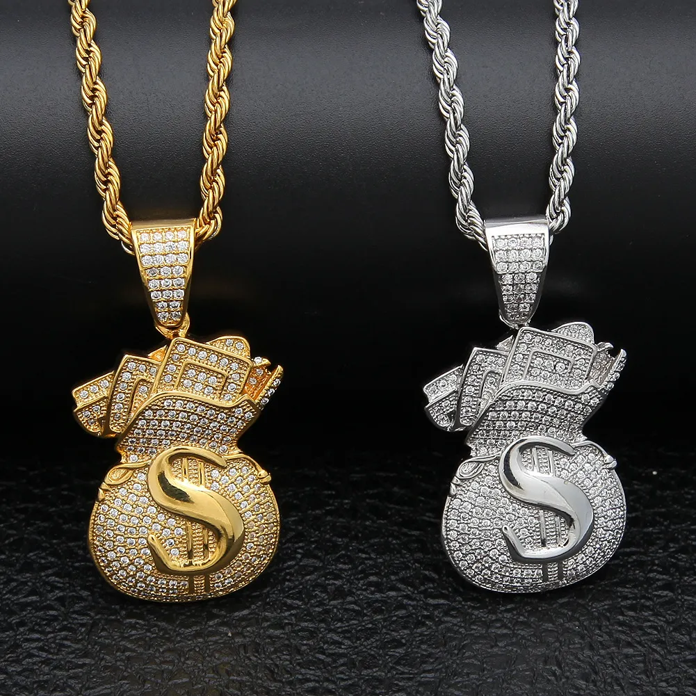 Gold Plated Iced Out CZ Cubic Zirconia Mens USD Money Bag Pendant Chain Necklace personalized Full Diamond Hip Hop Jewelry Gifts f313W