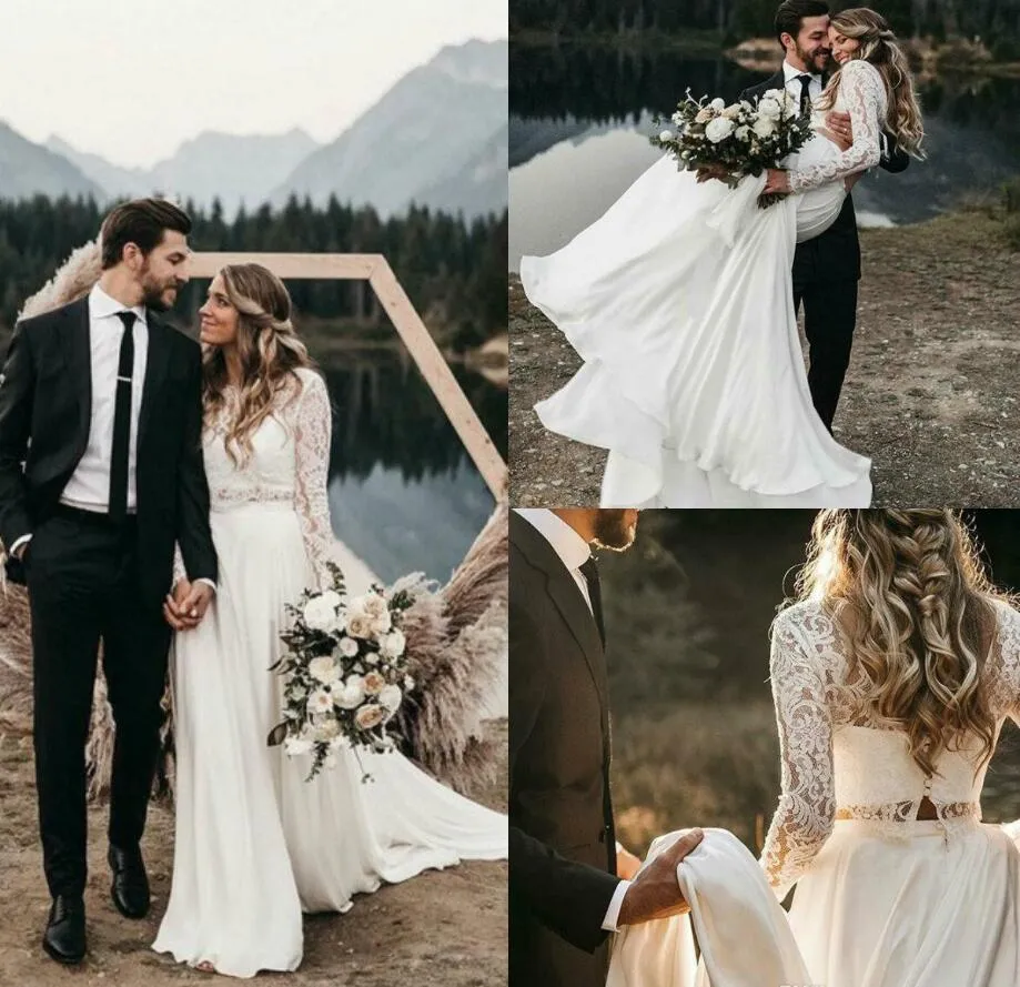 Abiti da sposa bohémien su misura 2019 Abito da sposa in due pezzi in chiffon da spiaggia con maniche lunghe in pizzo Abito da sposa Boho con collo gioiello