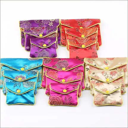 120pcs 3 taille Pas Cher Petit Zipper Porte-Monnaie Sac Brocart De Soie Chinois Bijoux Pochette Cadeau Sac Pochettes Femmes Mini Sacs En Gros 6x8cm 8x10cm 10x12 cm