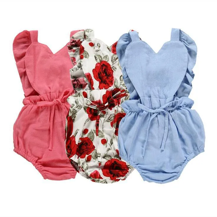 Kids Clothes Baby Floral Printed Ruffle Rompers Love Heart Jumpsuits Infant Summer Sleeveless Onesies Bodysuit Boutique Climb Clothes CYP471