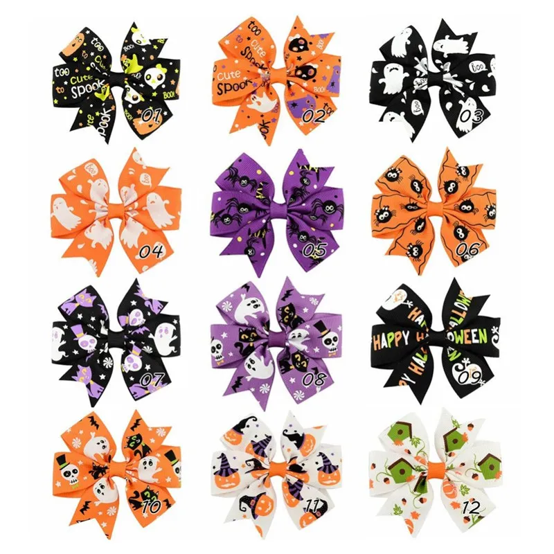 Baby Halloween Grosgrain Band Bögen Geister Kürbis Hairbows Skeleton Bat Wizard Ribbon Bogen Haarspangen Bebe Halloween Haarnadeln