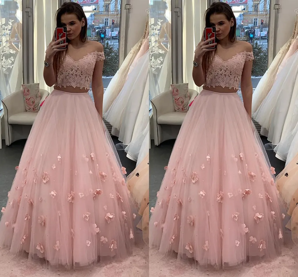 Pink embroidered sales prom dress