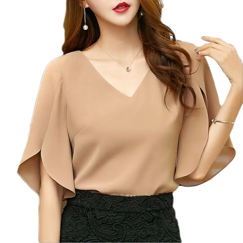 Womens Tops and Blouses Plus Size Chiffon Shirt Short Mouw 2019 Zomer Nieuwe Koreaanse Mode Sexy V-hals Temperament Shirt E201