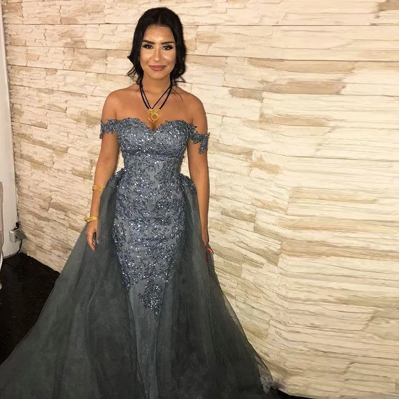 Red Carpet Grey Mermaid dusty blue evening dress with Detachable Train, Off-Shoulder Appliques, and Overskirt - Perfect for Celebrity Events