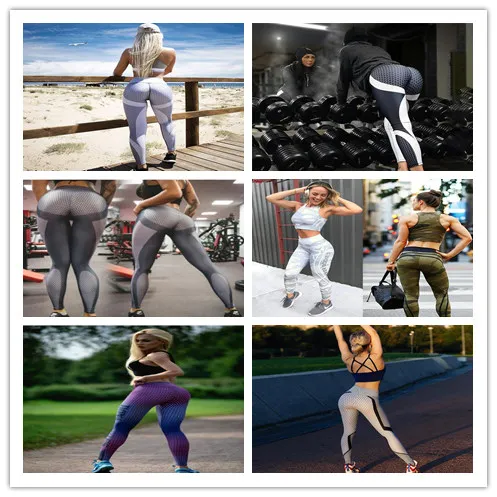 Kvinnor Fitness Yoga Slim Leggings Honeycomb Mönster Tryck Hip Push Up Gym Bodybuilding Byxor Svart Vit Patchwork Stripes Casual Pant