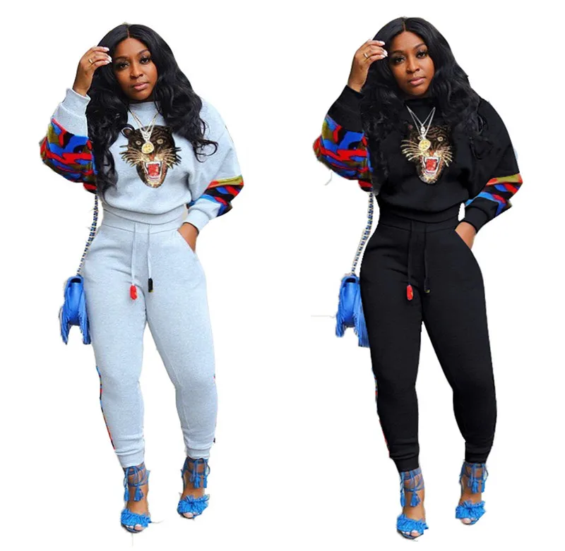 Women Tiger Head 2 PCS SET OUTFITS JOGGER SUIT PULLOVER HOODIES TOP+PANTSカジュアルプリントトラックスーツスパンコールスウェットスーツウィンタースポーツウェア2285