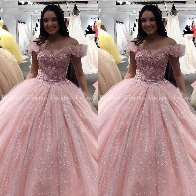 Rosa quinceanera klänningar bollklänning applique spets kristall prom 2020 debutante söt 16 klänning korsett vestidos de 15 anos