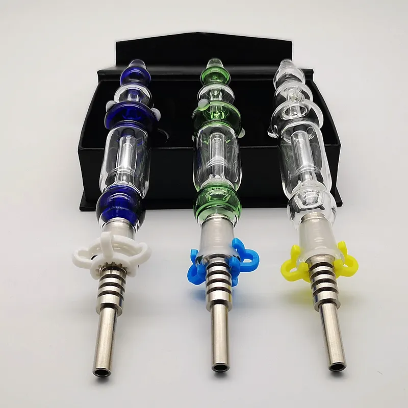 Nector Collector Hookahs Kit NC Kits With Gift Box Glass Dab Oil Rigs Titanium Nail 14mm 10mm Joint Clear Green Blue Colors NC10