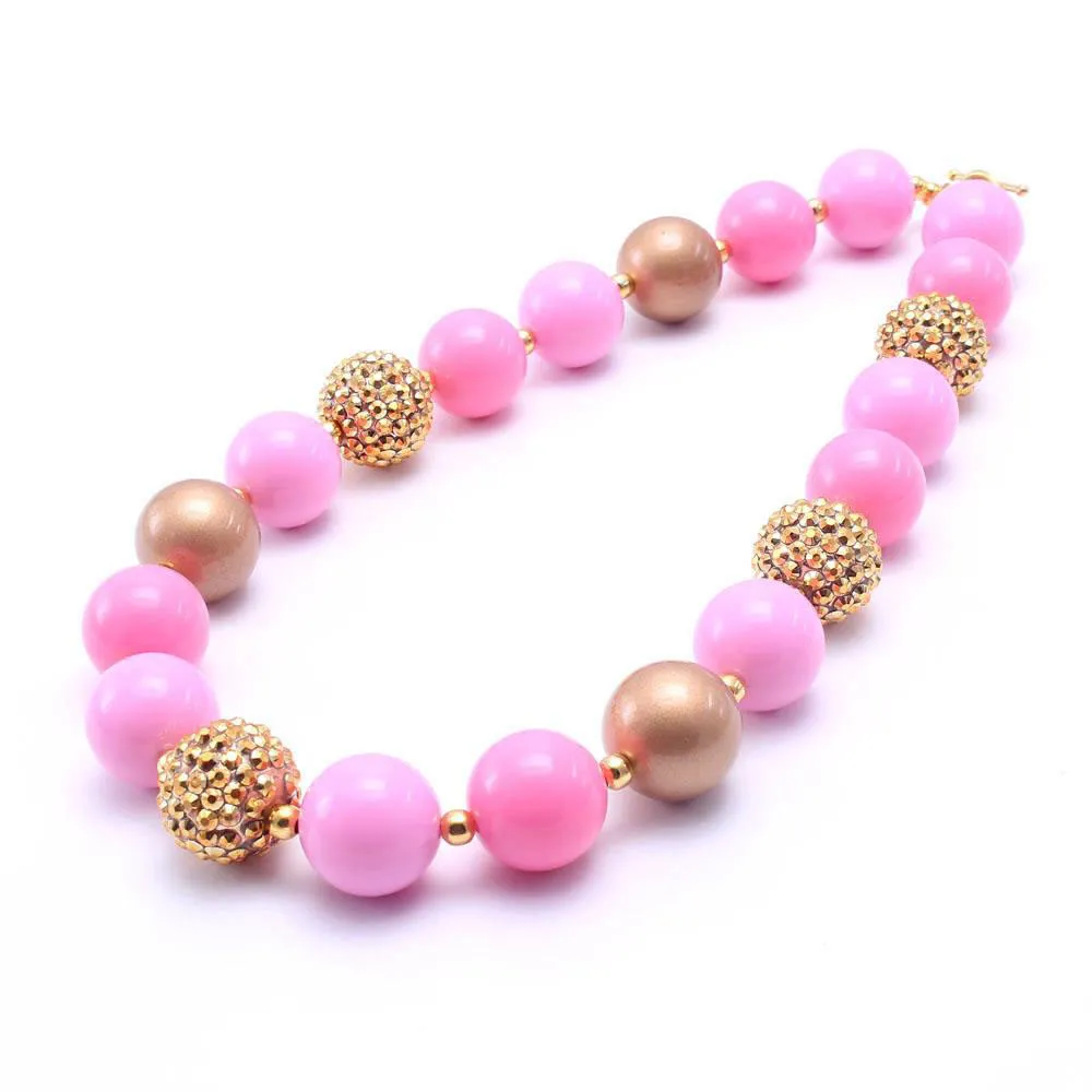 Pink+Gold Color Baby Kid Chunky Necklace Fashion Toddlers Girls Bubblegum Bead Chunky Necklace Jewelry Gift For Children