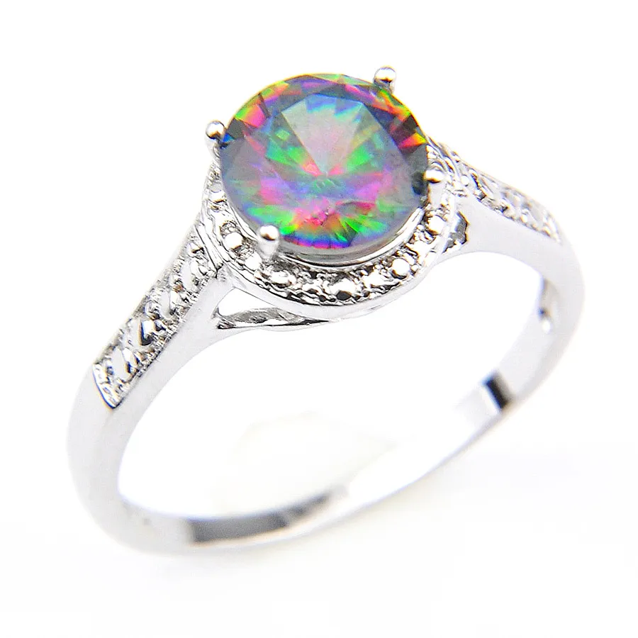 Luckyshine Classic Vintage Fire Round Rainbow Mystic Topaz Pierścionki 925 Silver Cyrkon Kobiety Kochanka Pierścień Na Wakacje Wedding Party Rozmiar 7 8 9