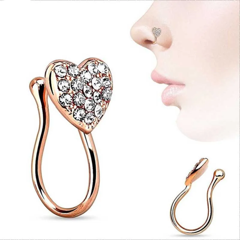 Пирсинг орнамент сердце нос ногтя кольцо с бриллиантом новый стиль украшения носа без отверстия пирсинг кольцо