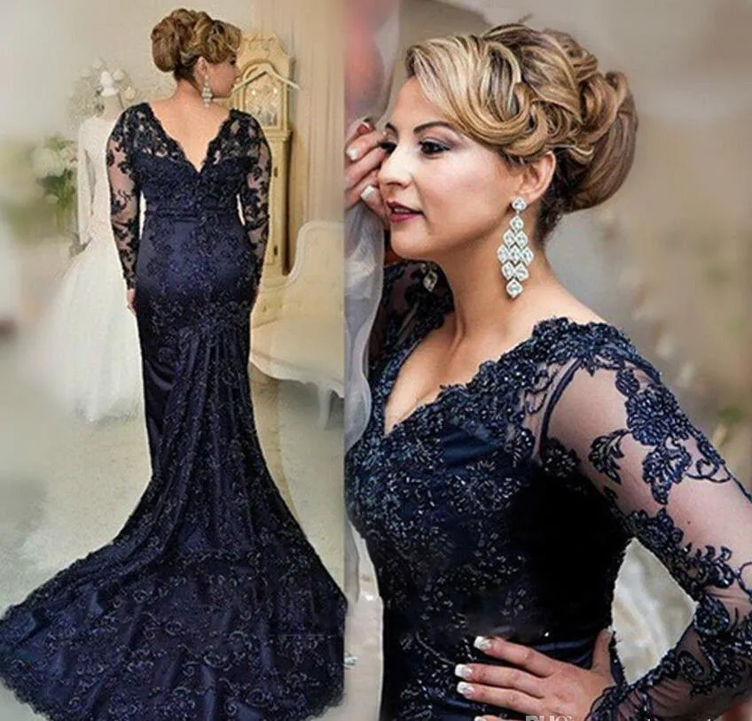 Long Sleeves Navy Blue Evening Dress Mermaid Applique Lace Women Lady Wear Prom Party Dress Formal Event Gown Mother Of The Bride Dress