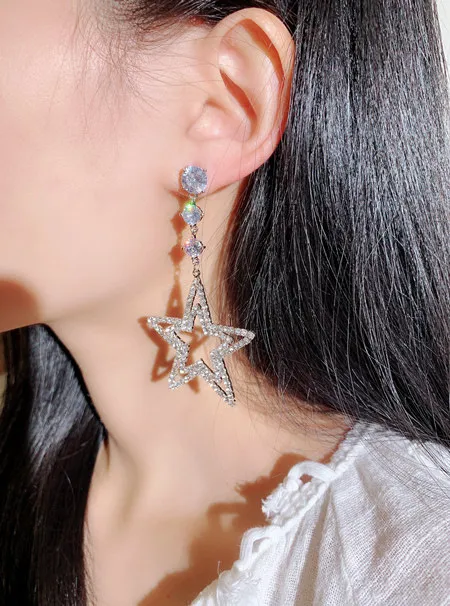 Wholesale-designer luxury super glittering diamond rhinestone cute big star dangle chandelier stud earrings jewelry for woman girls