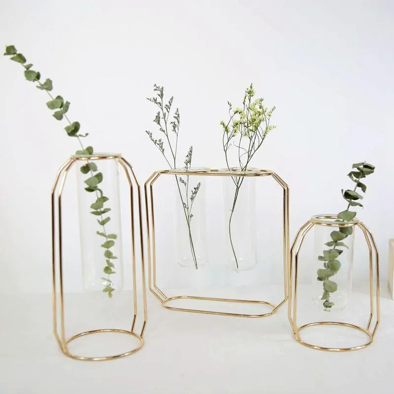 100% Pot Flor nova Vidro Ferro Art Vase Rose ouro que pendura Proveta decoração com flores Vasos Home Office Vasos Secretária