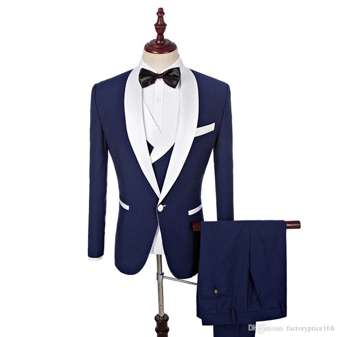 Vendita all'ingrosso e al dettaglio Smoking dello sposo nuovo stile blu navy Groomsmen Abito da uomo migliore Abiti da sposa uomo Sposo (giacca + pantaloni + gilet + cravatta)