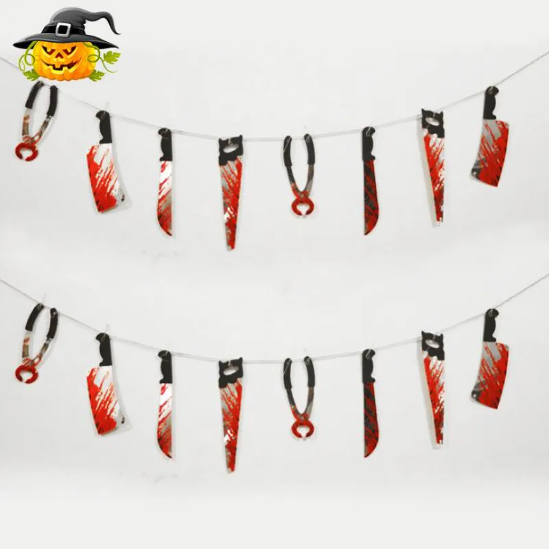 Faca de sangue plástica Halloween Ferramentas Conjuntos Horror Casa assombrada assustador de suspensão Faca Garland bandeira decoração de Halloween